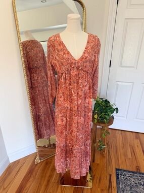 Rachel Zoe Boho Midi Dress Small Orange Paisley Long Sleeve Flowy